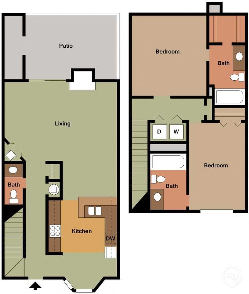 Floor plan for 2 beds, 2 baths, 1250 sqft